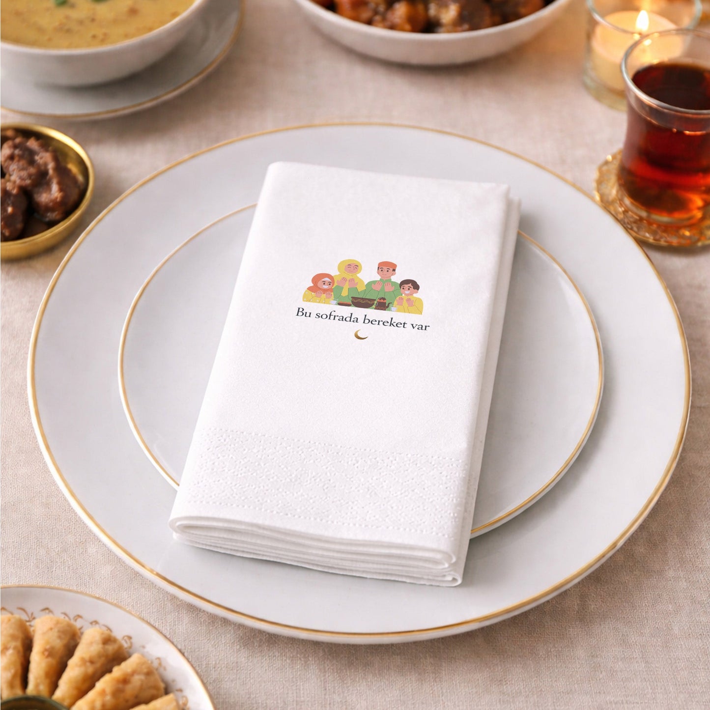 Ramazan Desenli Baskılı Peçete – Aile Sofrası Temalı | Bu Sofrada Bereket Var | 33x33 cm