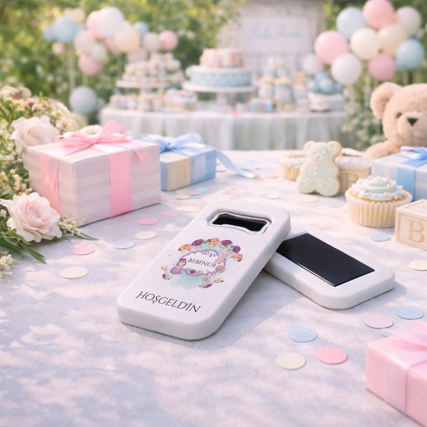 Kişiye Özel Hoşgeldin Bebek Açacak Magnet | Çiçekli Baby Shower Hediyelik