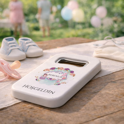 Kişiye Özel Hoşgeldin Bebek Açacak Magnet | Çiçekli Baby Shower Hediyelik