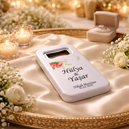 Köşe Çiçekli Düğün Magnet Açacak | Sade İsim Baskılı Nikah Hatırası