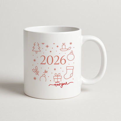 2026 Minimal Yılbaşı İkonları Temalı Hediyelik Baskılı Kupa