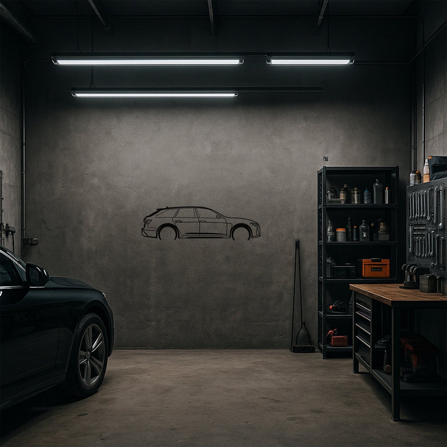 Audi Metal Duvar Tablosu – Elektrostatik Siyah Boyalı Modern Otomobil Dekoru
