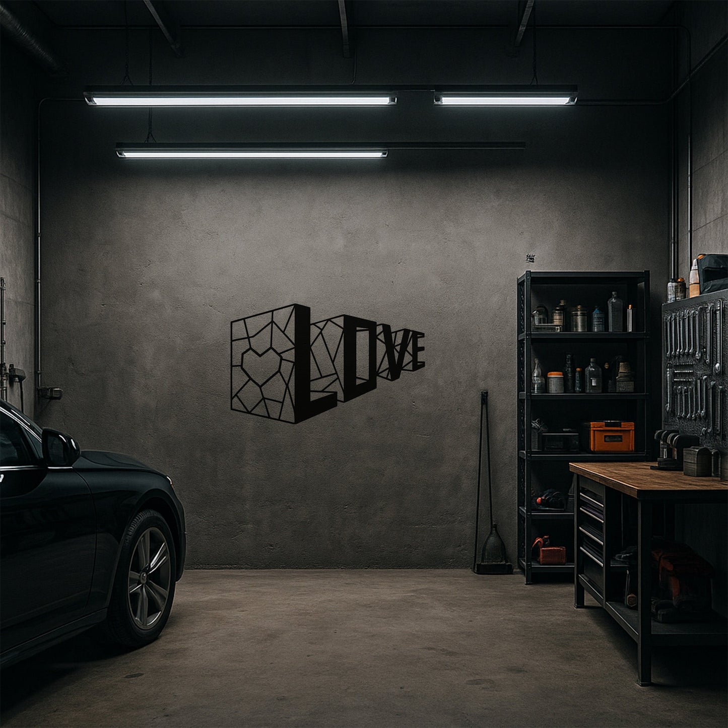 Love Geometrik Kalp Metal Duvar Tablosu - Modern Tipografi Sanatı