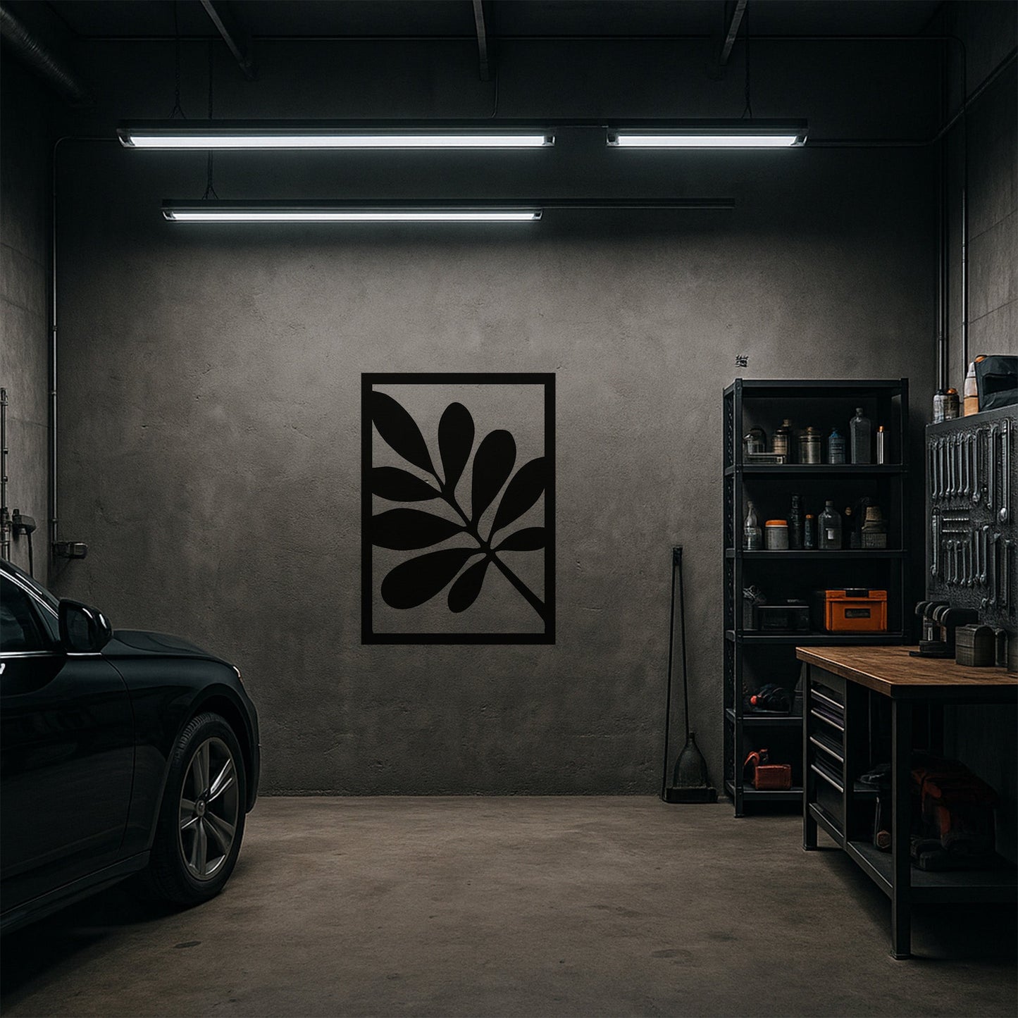 Modern Yaprak Desenli Dekoratif Metal Duvar Panosu Siyah