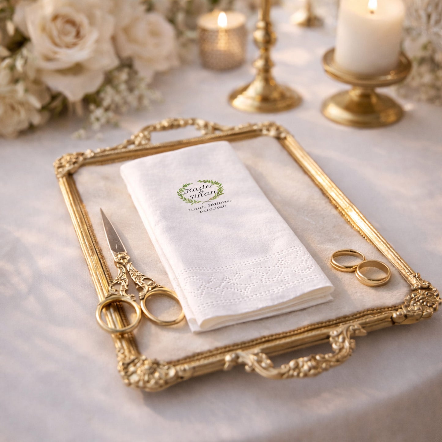 Kader & Sinan Yeşil Defne Çelenkli Nikah Peçetesi