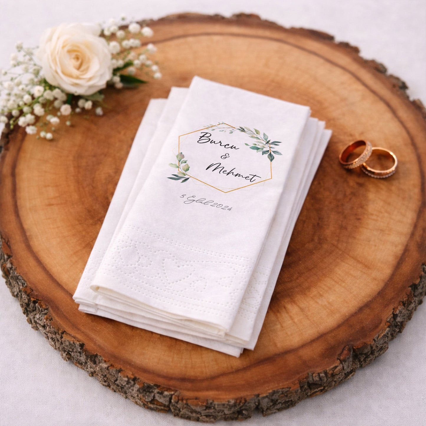 Doğal Çiçek Buketli Ayetli Nikah ve Düğün Peçetesi