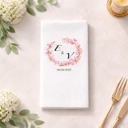 E & V İsim Baş Harfli Pembe Çiçekli Romantik Nişan Peçetesi