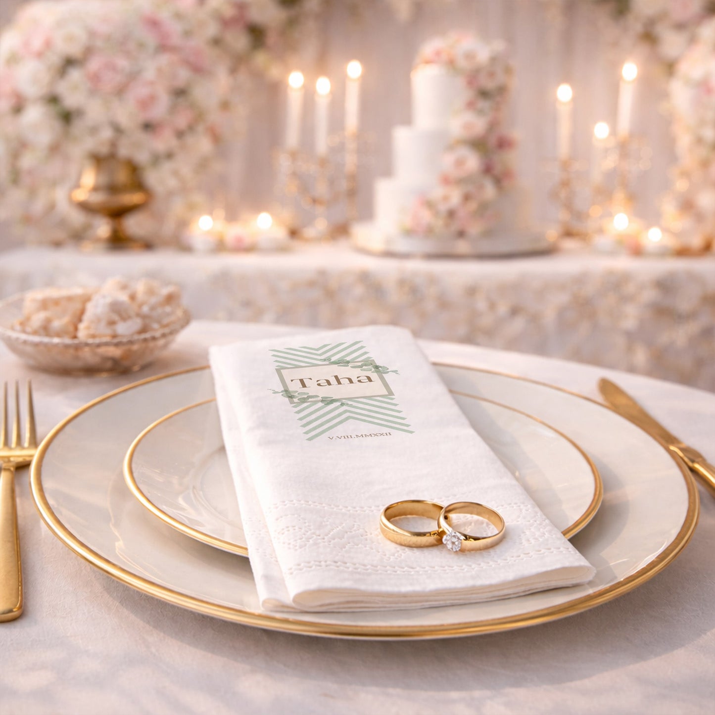 Taha İsme Özel Okaliptüs Desenli Minimalist Tasarım Baskılı Organizasyon Peçetesi