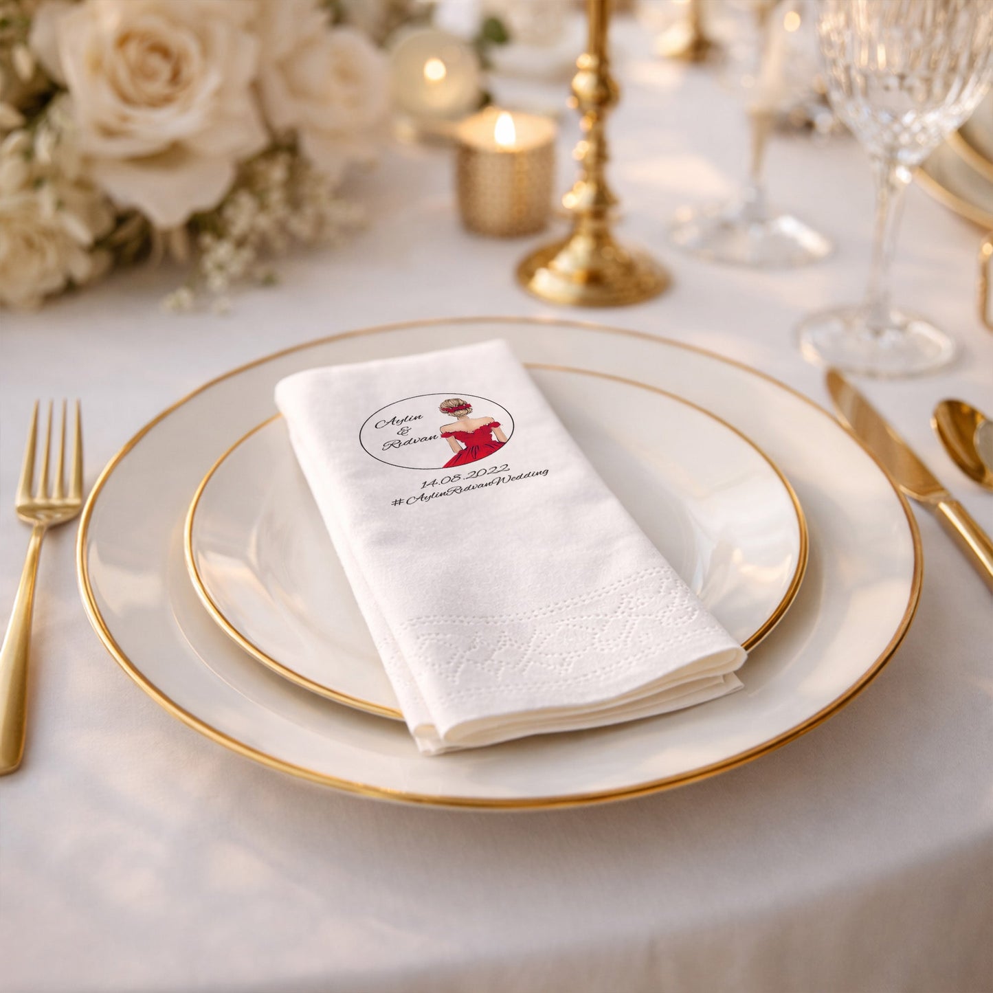 Aylin & Rıdvan Wedding Kırmızı Elbiseli Şık Düğün Peçetesi