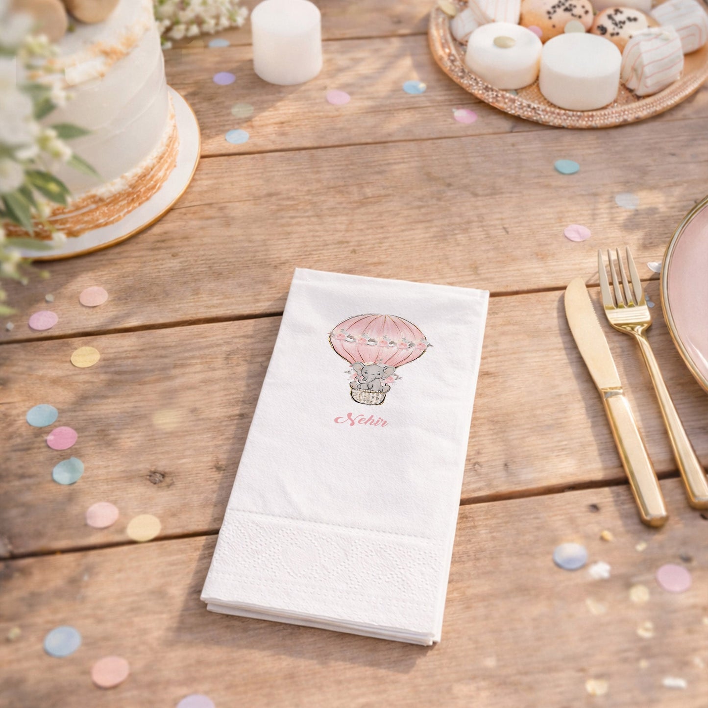 Balonlu Fil Temalı Kişiye Özel Bebek Doğum Günü Peçetesi
