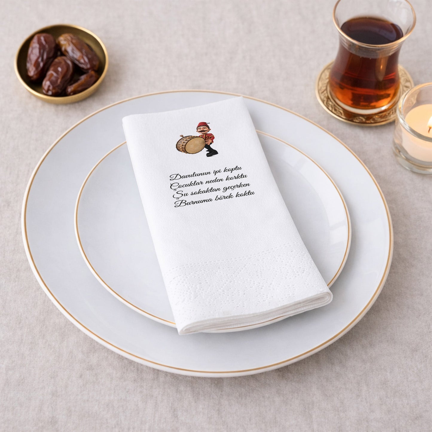 Kidzia Ramazan Davulcusu Baskılı Peçete – Mani Yazılı, 33x33 cm Çift Katlı, 20’li Paket
