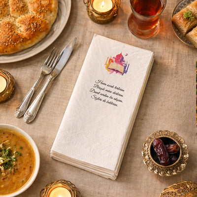 Kidzia Ramazan Kitap & Camii Silüeti Baskılı Peçete – Mani Yazılı, 33x33 cm Çift Katlı, 20’li Paket