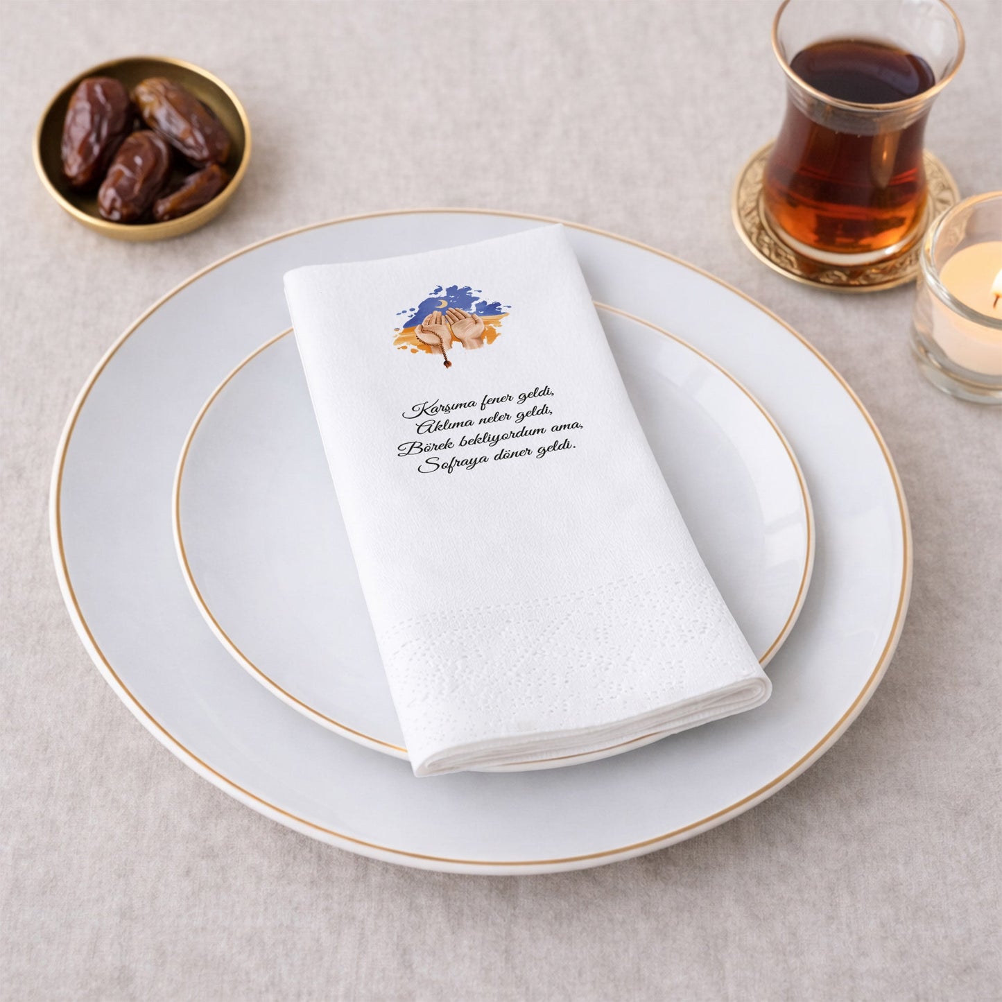 Ramazan Dua Temalı Yazılı ve Desenli Baskılı Peçete – İftar & Sahur Sofrası, 33x33cm, 20’li Paket
