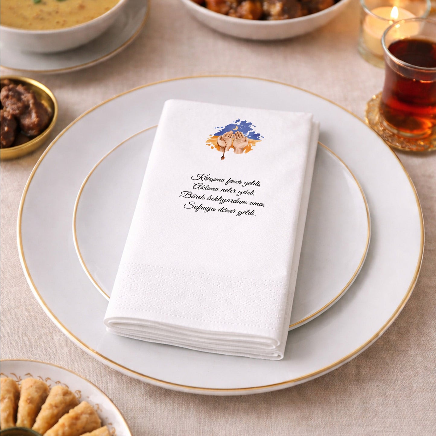 Ramazan Dua Temalı Yazılı ve Desenli Baskılı Peçete – İftar & Sahur Sofrası, 33x33cm, 20’li Paket