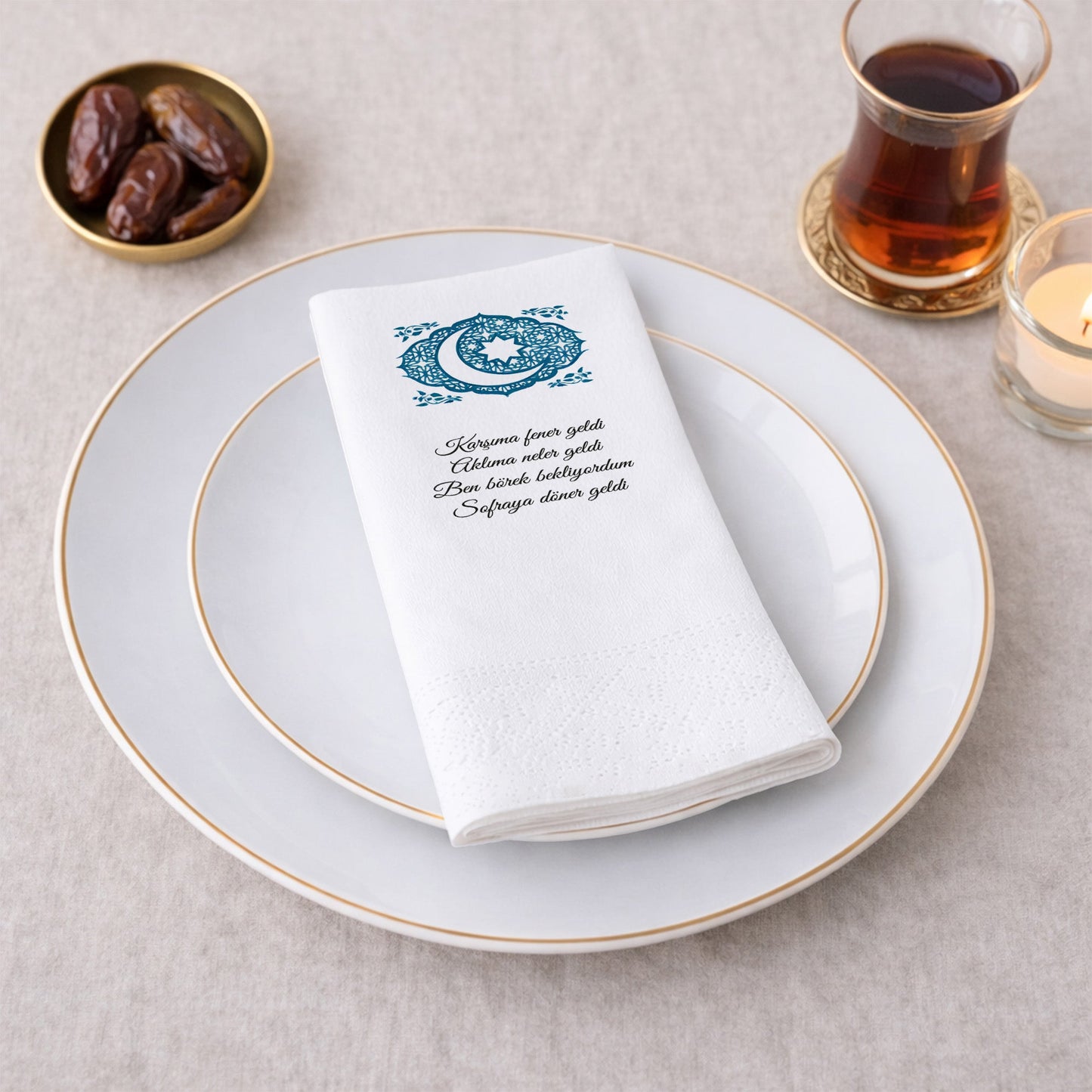 Kidzia Hilal & Camii Silüeti Mandala Ramazan Peçetesi – Mani Yazılı, 33x33 cm Çift Katlı, 20’li Paket