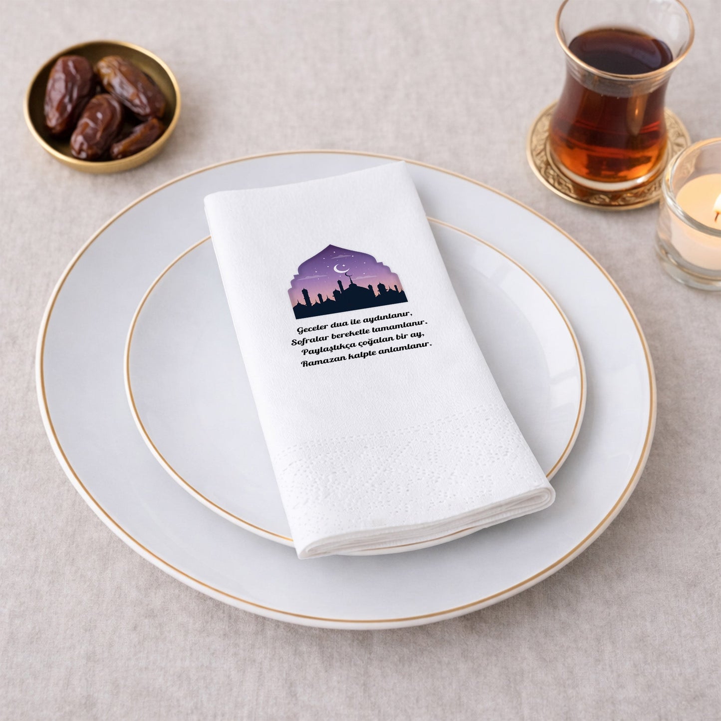 Ramazan Desenli Baskılı Peçete – Dua ve Bereket Temalı | 33x33 cm Çift Katlı