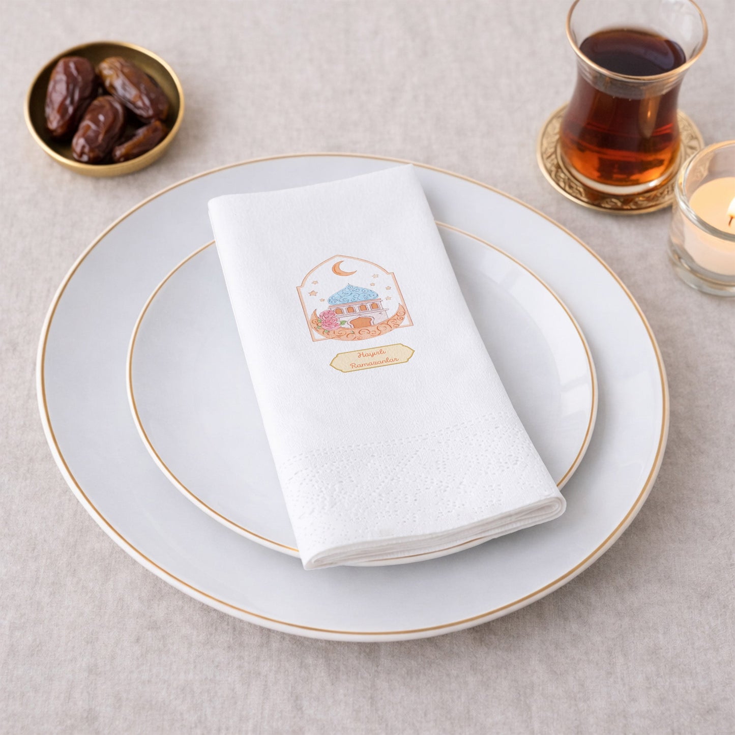 Hayırlı Ramazanlar Baskılı Peçete – Pastel Cami & Hilal Desenli | 33x33 cm