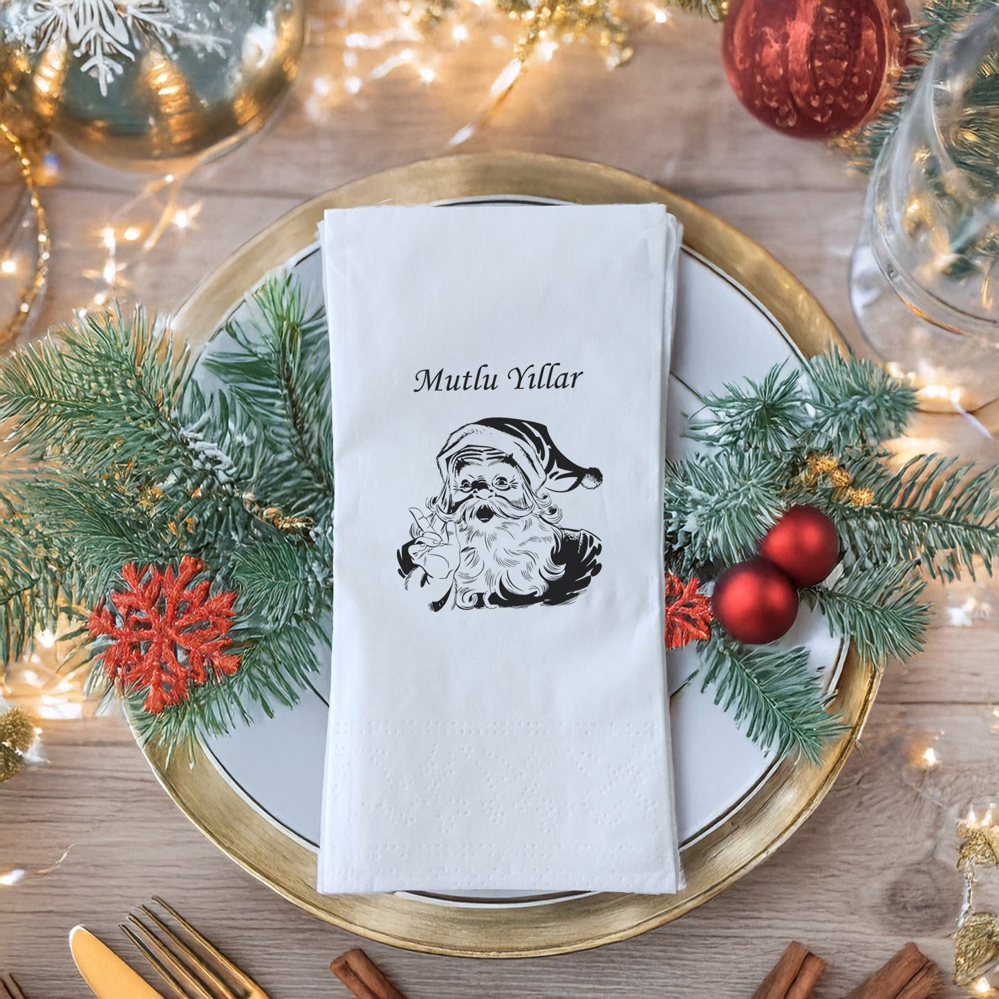 Mutlu Yıllar Siyah Beyaz Vintage Noel Baba Baskılı Yılbaşı Peçete – 33x33cm Çift Katlı (20’li Paket)
