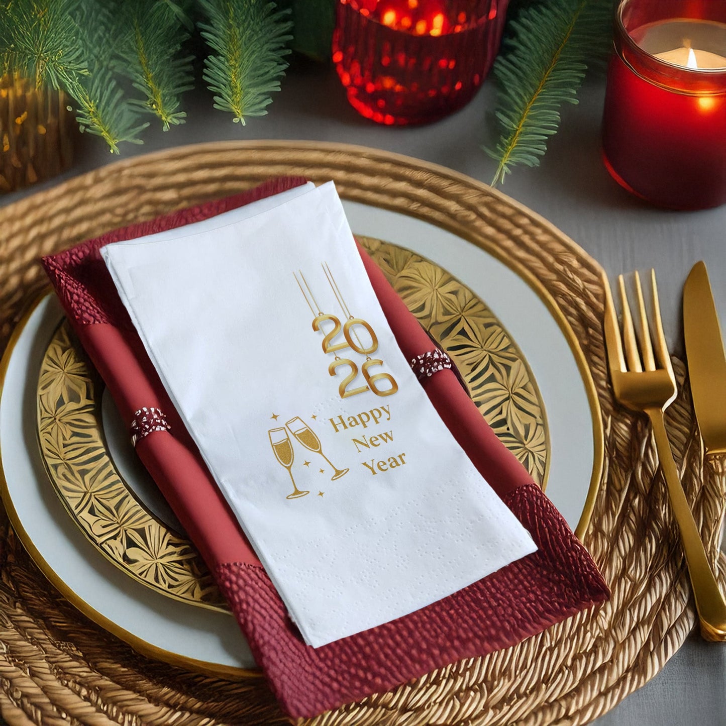 Gold 2026 & Champagne Happy New Year Baskılı Peçete – Lüks Yılbaşı Tasarımı | 33x33 cm, 20’li Paket