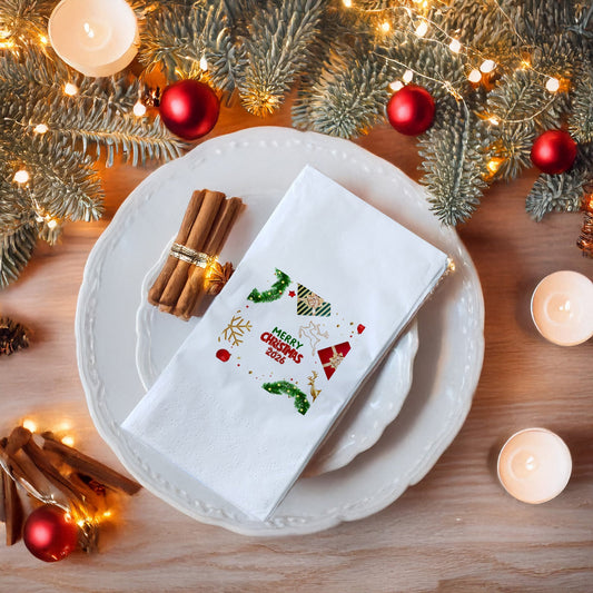 Merry Christmas 2026 Lüks Altın Detaylı Yılbaşı Peçetesi – 33x33 cm, 20’li