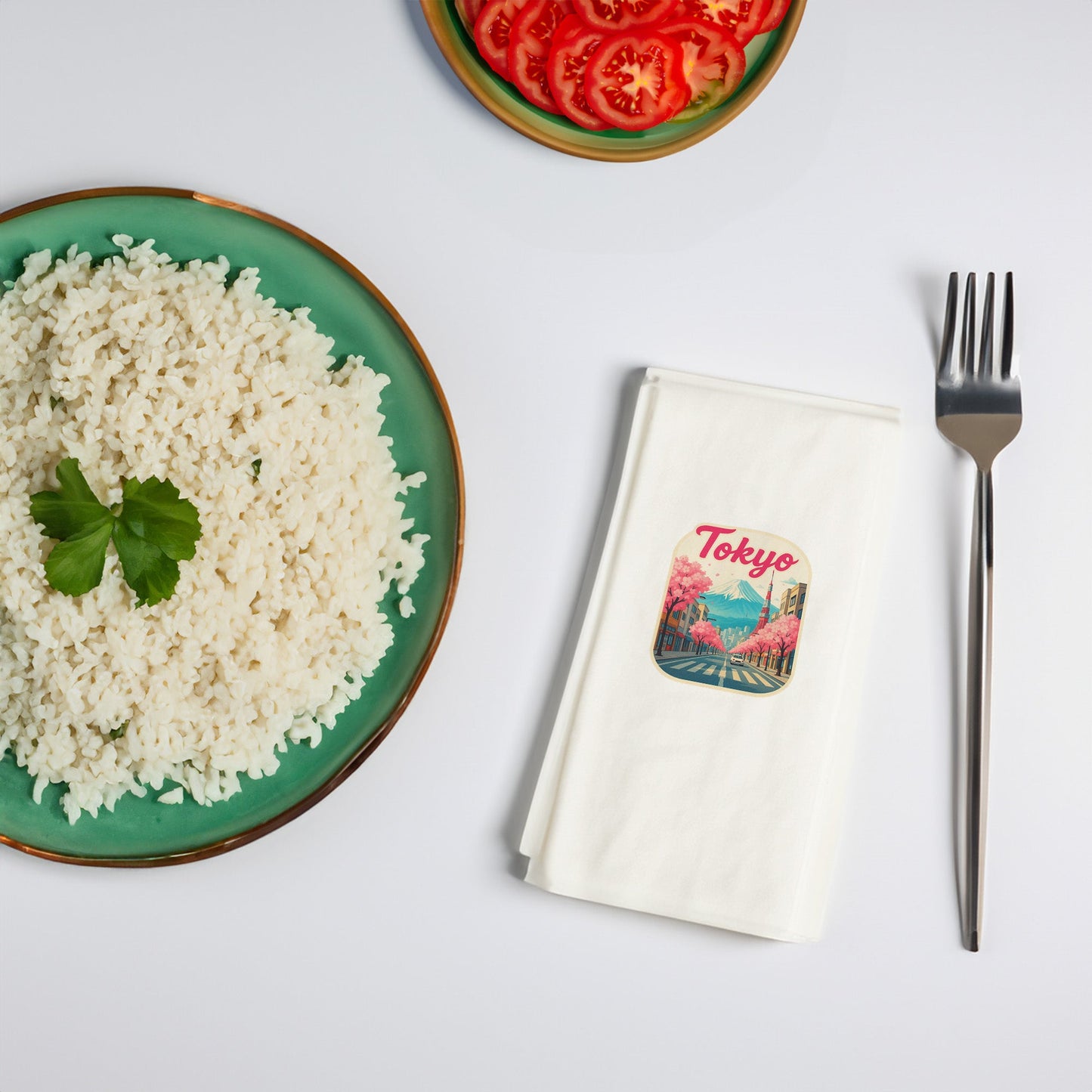Tokyo Şehir Desenli Baskılı Peçete | Sakura ve Fuji Dağı Temalı Sofra Peçetesi