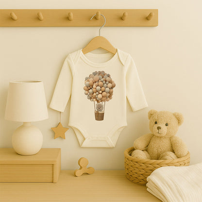 Balon Buketi & Ayıcık Sepet Tasarımlı Bebek Zıbını | 1–36 Ay | Nötr Ton Butik Model