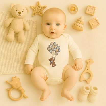 Soft Renk Balonlu Ayıcık Baskılı Bebek Zıbını | Unisex Premium Model | 1–36 Ay