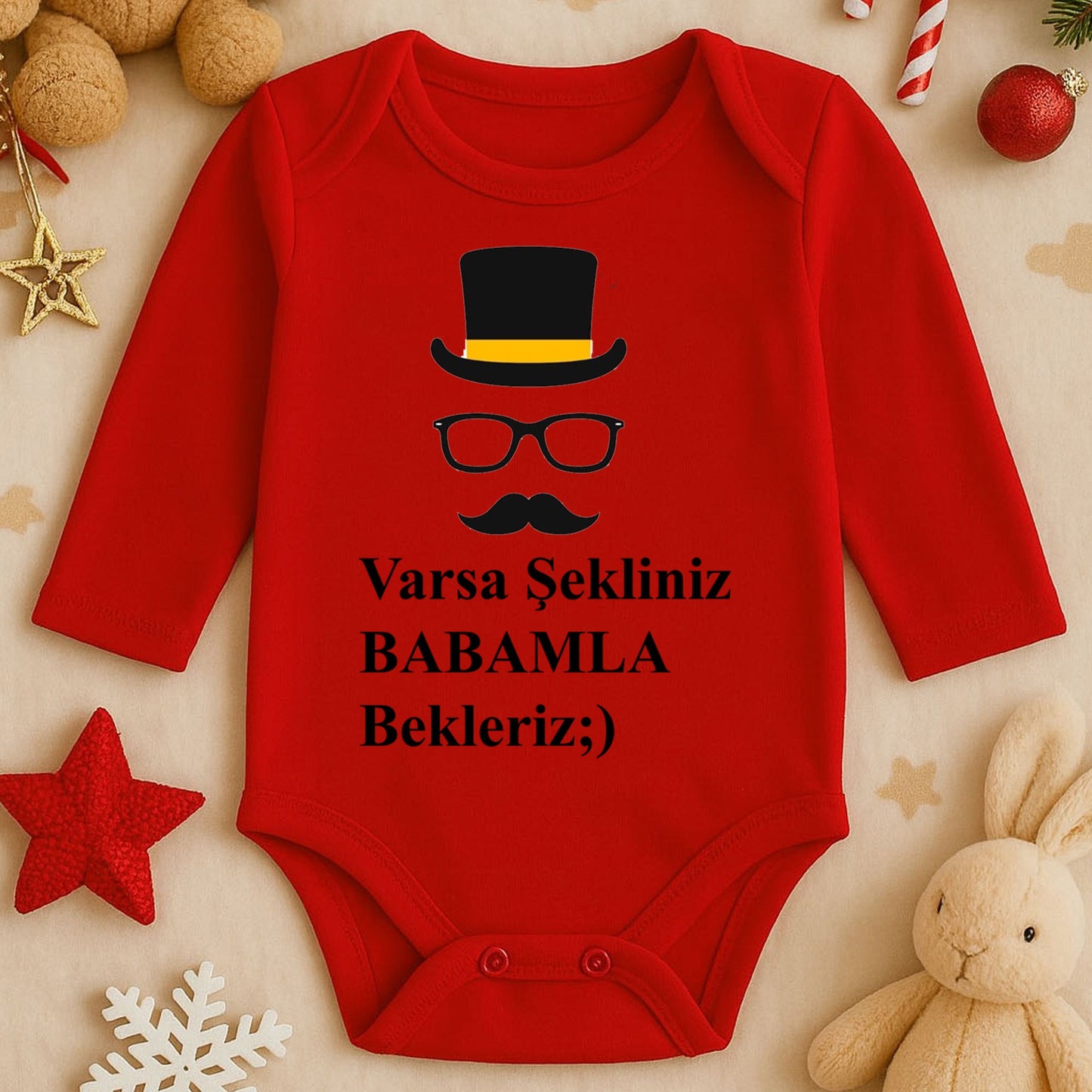 Beyfendi Şapka, Gözlük ve Bıyık Desenli Bebek Zıbını | 1–36 Ay | Gentleman Temalı