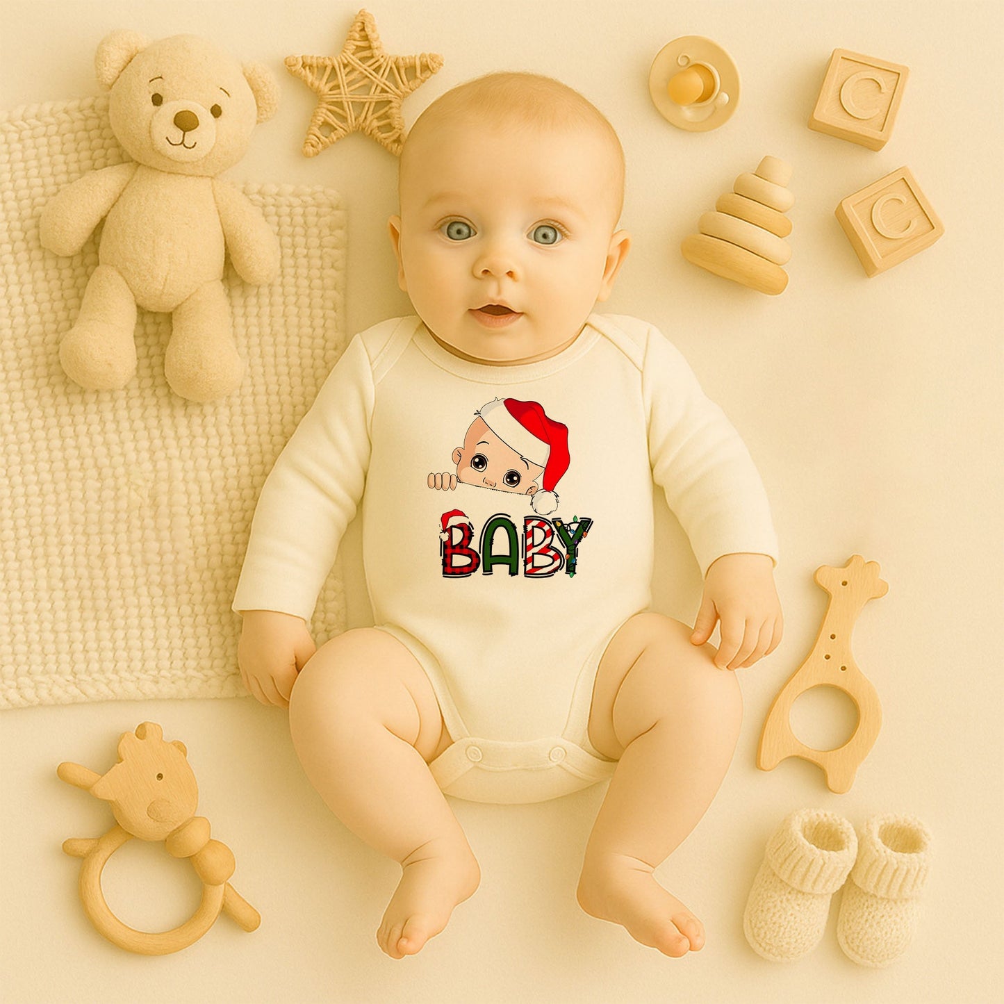 Yılbaşı Şapkalı Bebek Temalı Kişiye Özel Zıbın – 1–36 Ay | Yeni Yıl Baby Tasarımı,