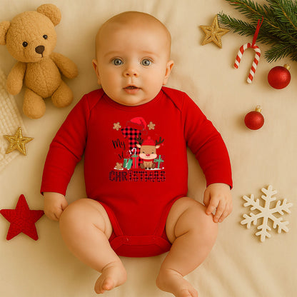 “My 1st Christmas” Yazılı Bebek Zıbını – 1–36 Ay | İlk Yılbaşı Temalı, DTF Baskı