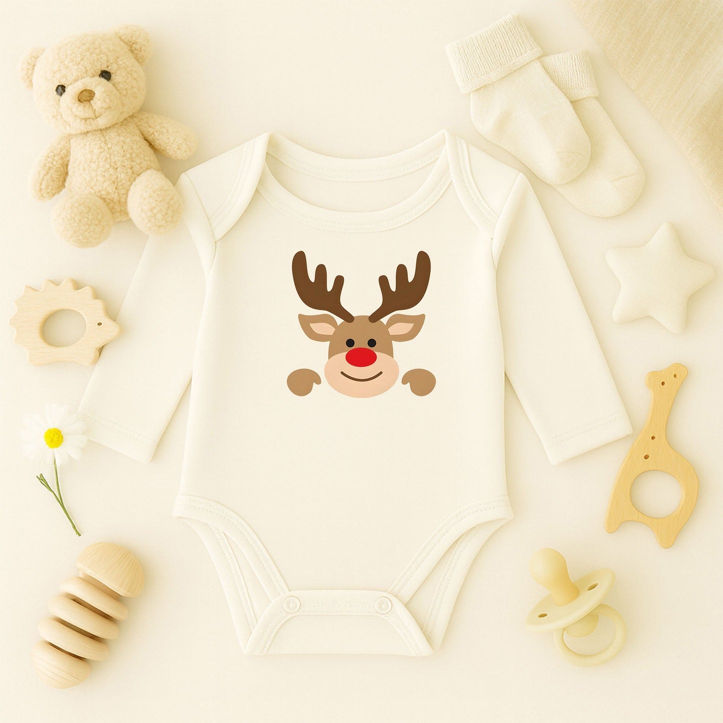 Sevimli Noel Geyiği Desenli Bebek Zıbını – 1–36 Ay | Yılbaşı Temalı