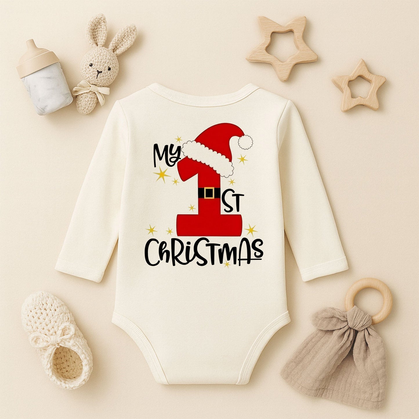 My 1st Christmas Baskılı Bebek Zıbını – İlk Yılbaşı Temalı Noel Tasarımı | 1–36 Ay