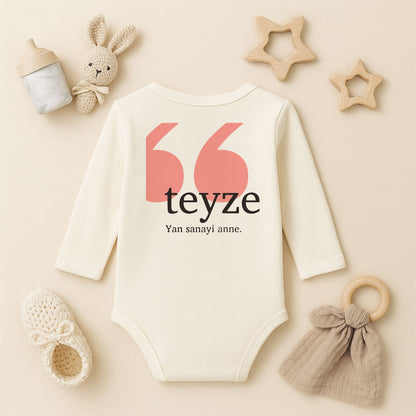 Teyze “Yan Sanayi Anne” Yazılı Bebek Zıbını | 1–24 Ay, DTF Baskı, Hassas Cilt Uyumlu