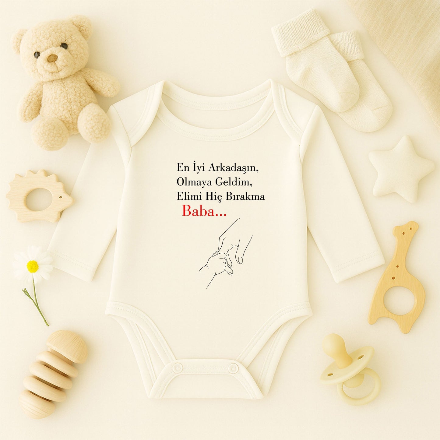 “Baba…” Yazılı Minimal El Ele Baskılı Bebek Zıbını | 1–36 Ay, DTF Baskı