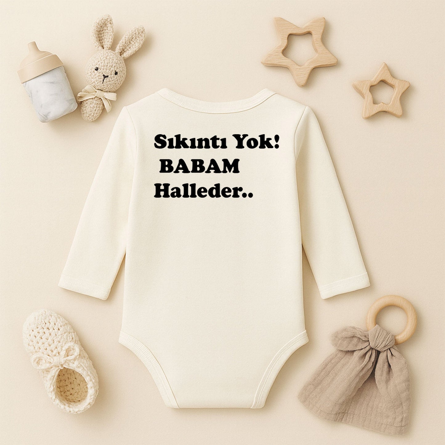 ''Sıkıntı Yok Babam Halleder'' Zıbını – İsimli Tasarım | 1–36 Ay, Hassas Ciltlere Uygun DTF Baskı